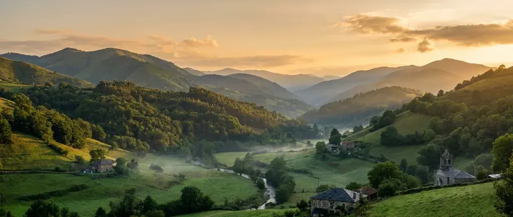 Asturian valley at sunset, with meadows, forest and a stone church